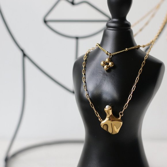 NEW 18K Gold Plated Bead Clover Pearl Flower Vase Double Layer Chain Necklace - Picture 10 of 12